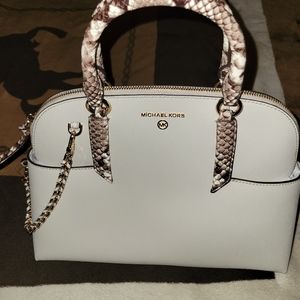 Michael Kors Hudson Large Saffiano Leather Dome Snake Handle Satchel Bag